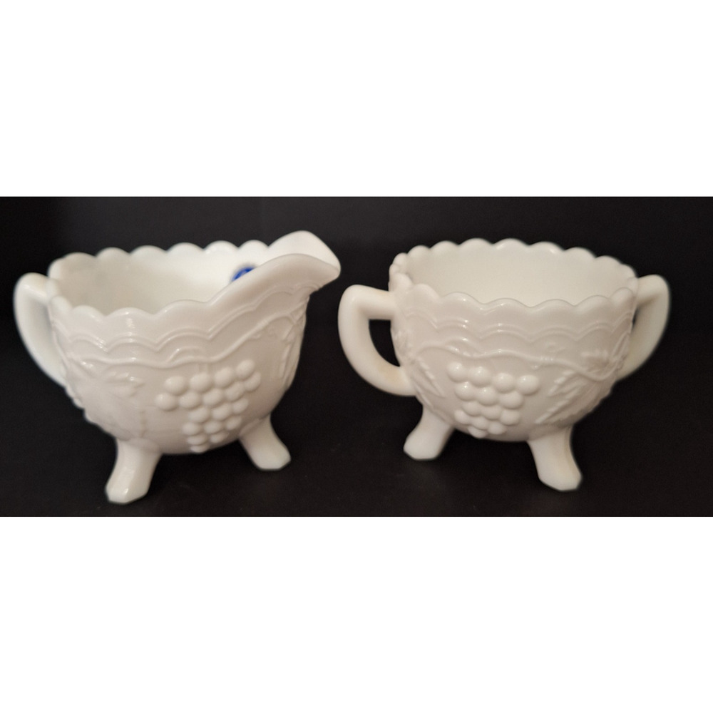 Vintage Imperial Milk Glass Grape & Leaf 3 Toed Open Sugar and Creamer